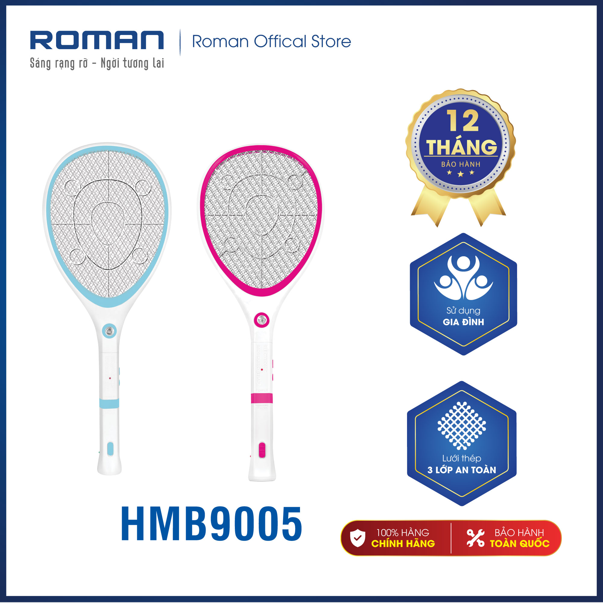 Vợt bắt muỗi Roman HMB9005 chính hãng + Diệt muỗi và côn trùng hiệu quả cao + Thân thiện với môi trường + có 2 màu xanh, hồng bắt mắt