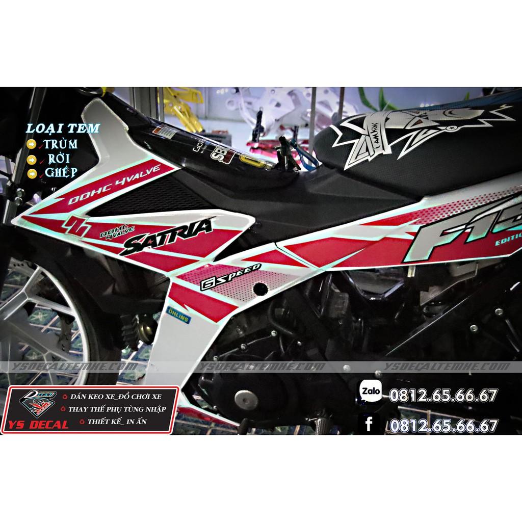 Tem trùm xe Raider Satria trắng hồng