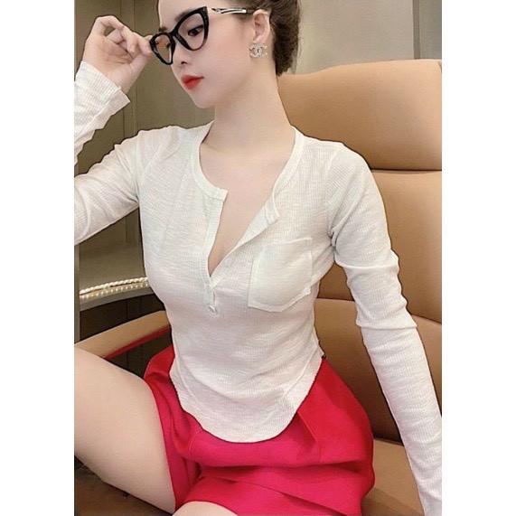 Áo Thun Nữ dài tay cổ V phối khuy siêu hot