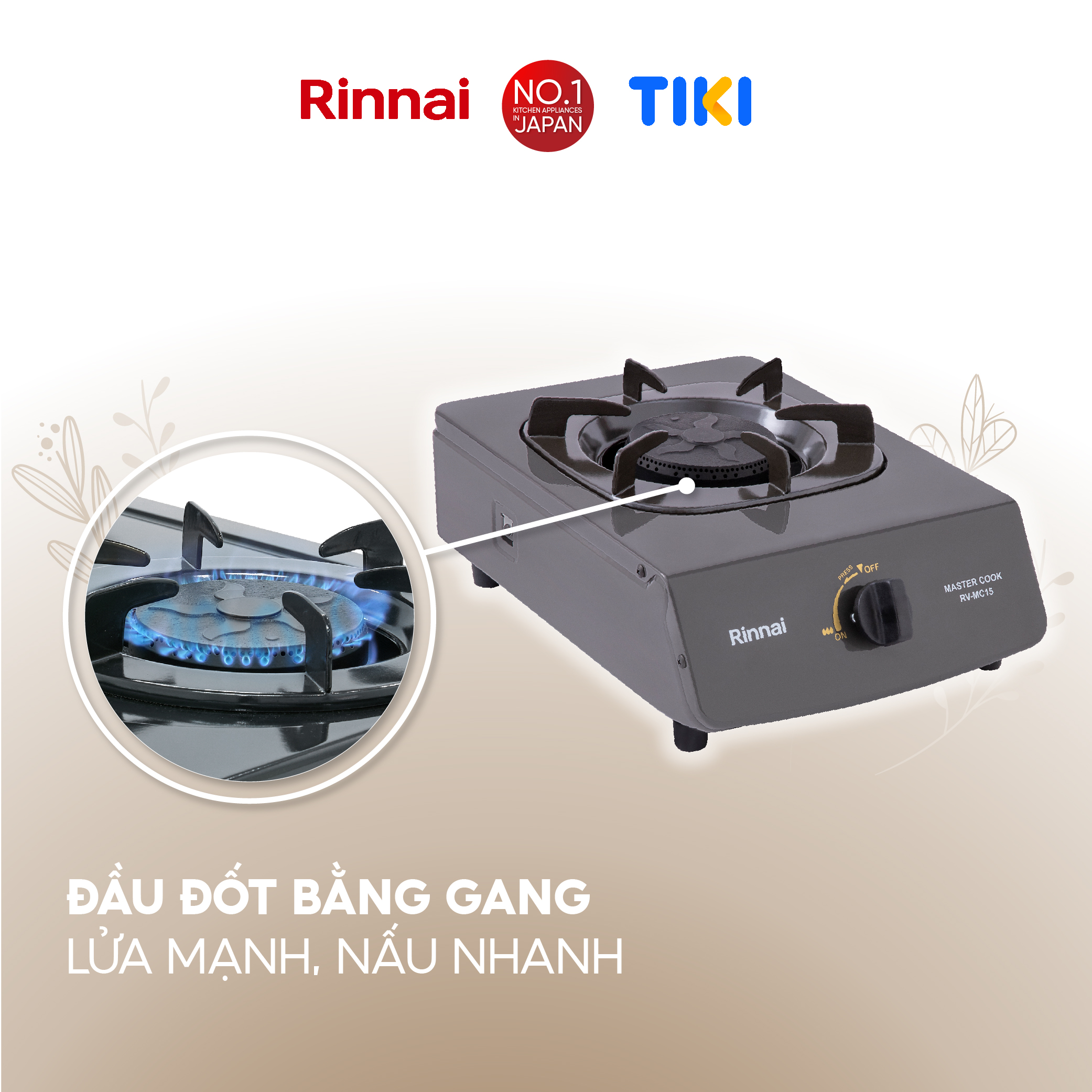 Bếp gas dương Rinnai RV-MC15G mặt bếp men và kiềng bếp men - Hàng chính hãng