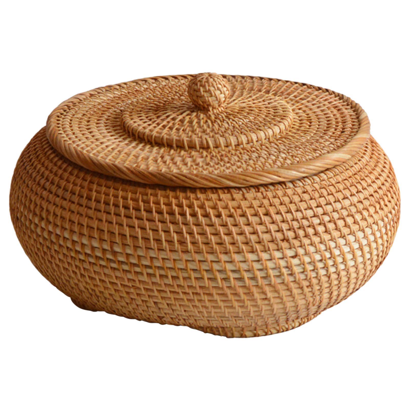 Rattan Box Storage Tray Woven Basket with Lid Bins for  Picnics