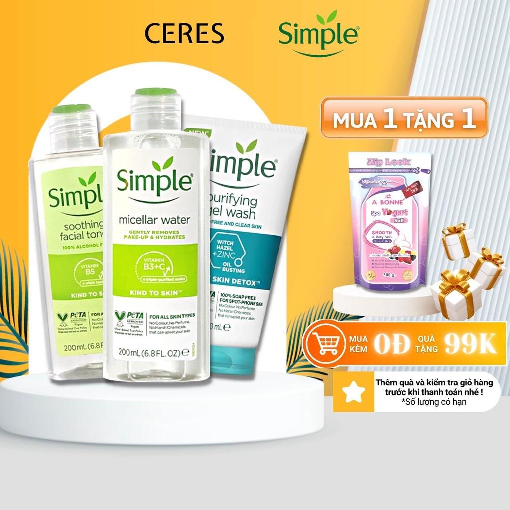 Combo 3 Simple Tẩy trang Micellar 200ml + Sữa Rửa Mặt Ngừa Mụn Xanh Ngọc 150ml + Nước hoa hồng Toner 200ml