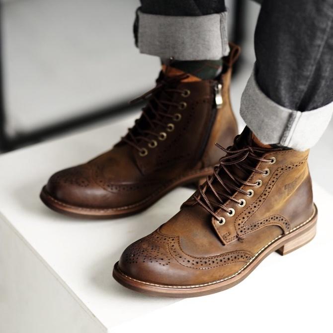 Giày boot nam da sáp cao cổ màu nâu WINGTIP RW ZIP, giày da thật cổ điển khoá kéo TONKIN