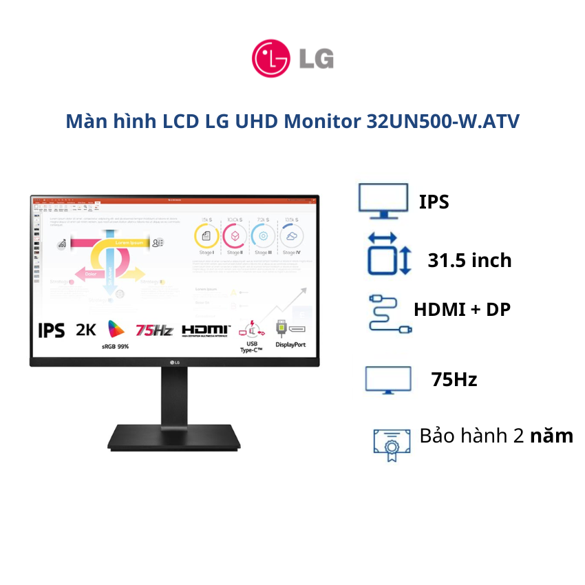 Màn hình LCD LG 31.5 inch UHD Monitor 32UN500-W.ATV (WFHD| IPS| 75Hz| HDMI+DP)- BH chính hãng 24 tháng/ Hàng chính hãng