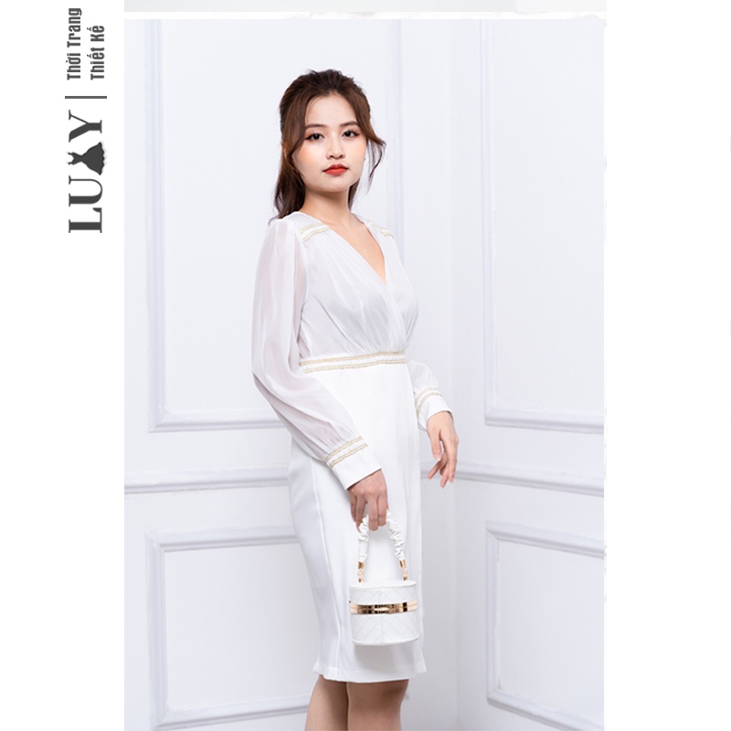 Đầm nữ LUXY V30056 cổ tym, tay voan phồng, dáng ôm phong cách tiểu thư sang trọng