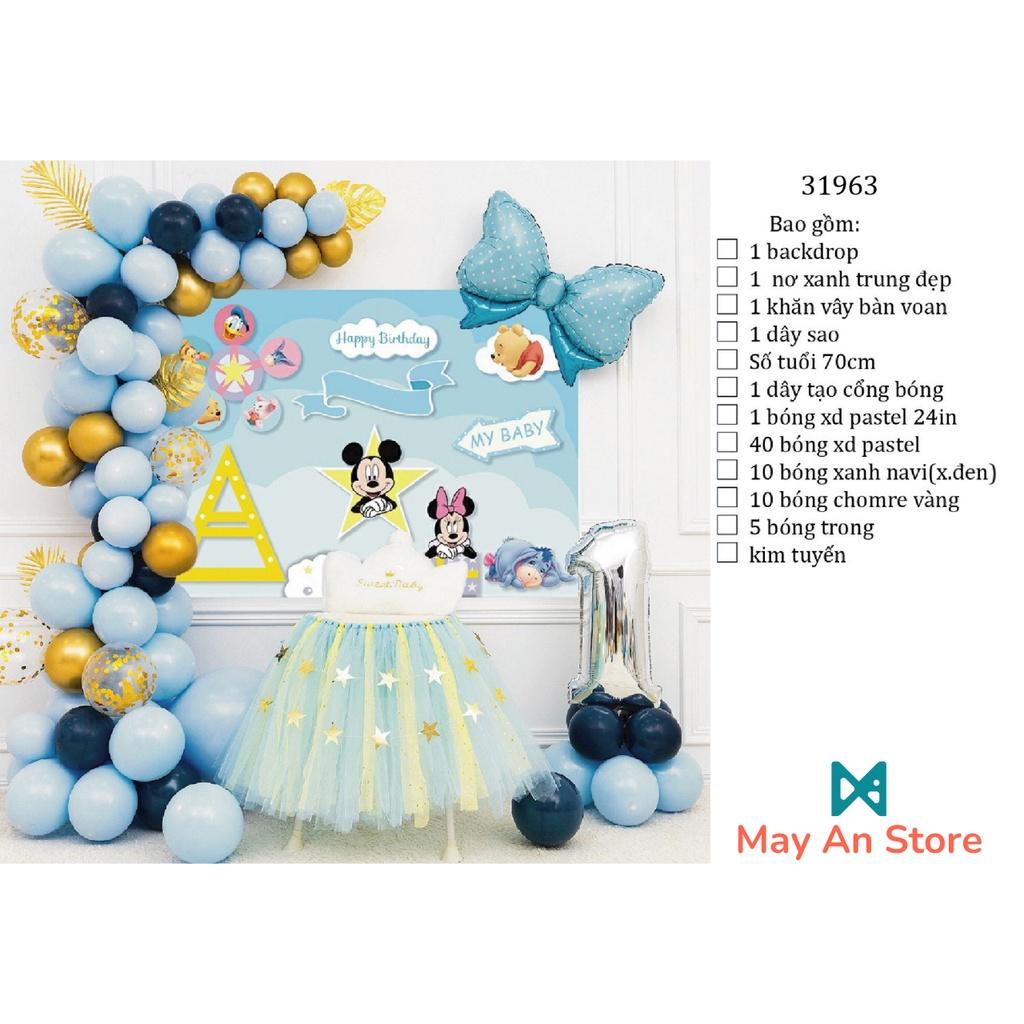 Combo bong bóng trang trí, tổ chức tiệc sinh nhật tông màu xanh đơn giản, có chuột Mickey - Có đầy đủ phụ kiện