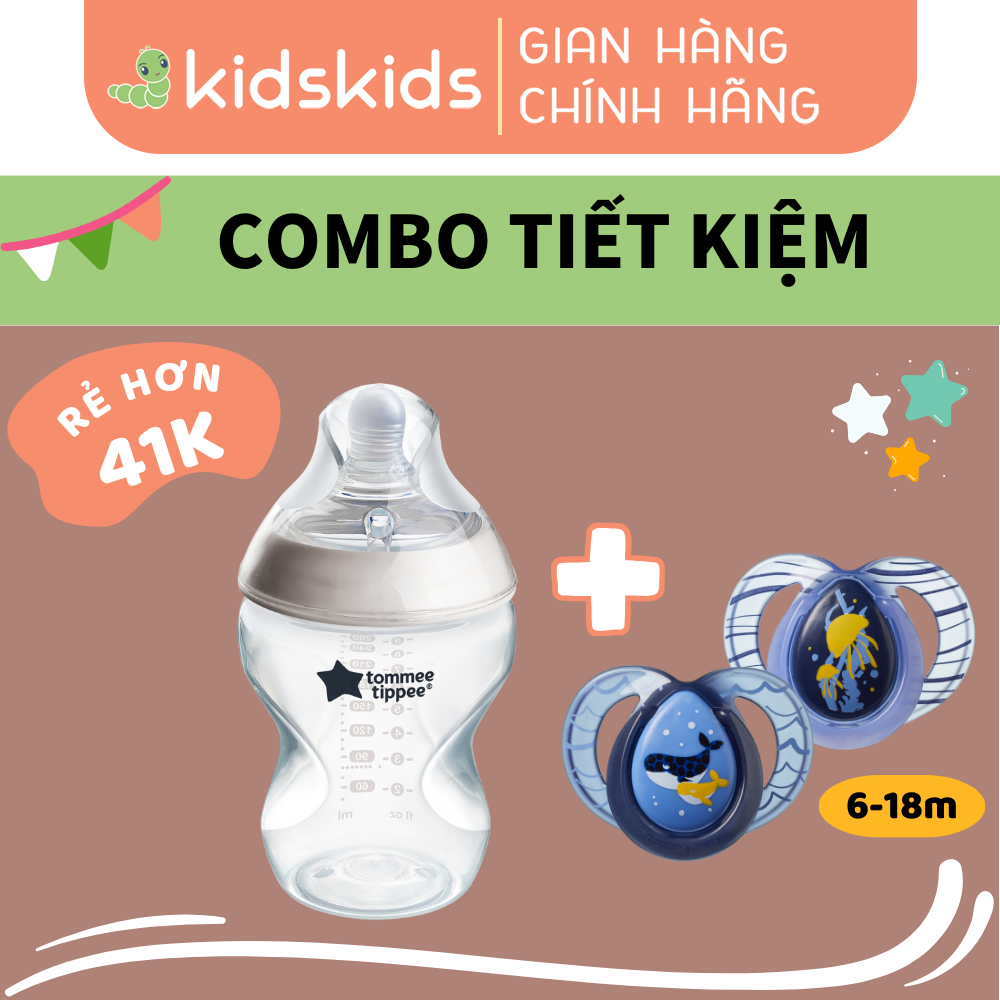 COMBO Ty Ngậm Dạ Quang Cho Bé Tommee Tippee Night Time 6-18 Tháng & Bình Sữa Ty Siêu Mềm Tự Nhiên Tommee Tippee 260ml