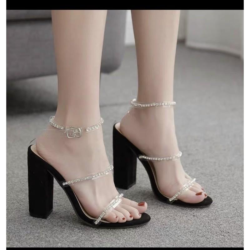 Sandal nỉ 3 dây mica phối hột đá gót vuông 9p