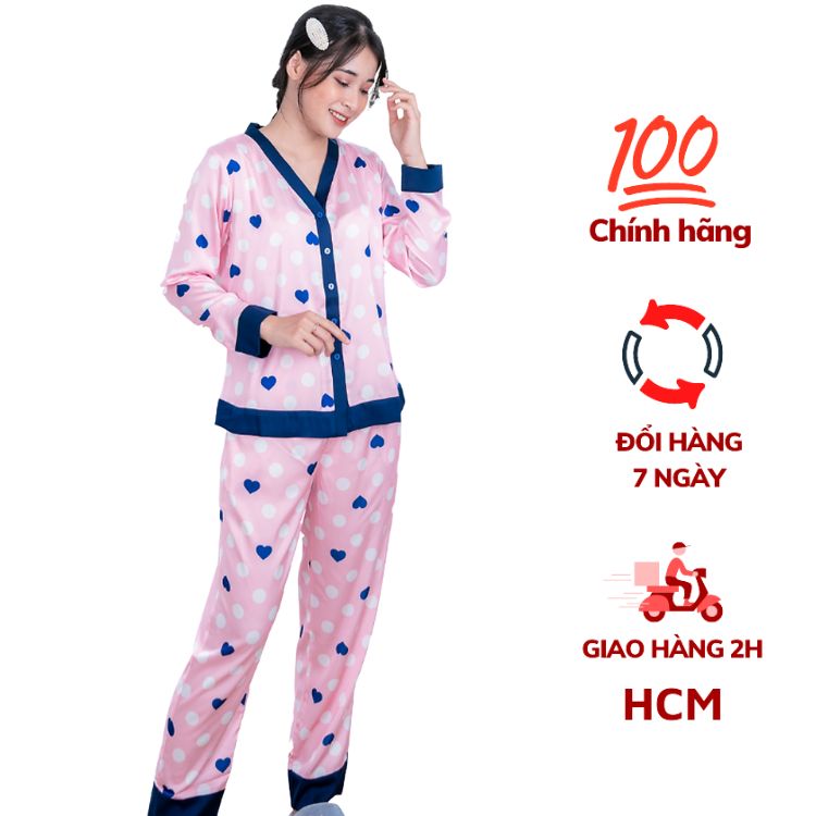 Đồ bộ pyjama nữ, đồ mặc nhà cao cấp VILADY - B103 kiểu cổ V tay dài quần dài họa tiết chấm Bi màu hồng, chất liệu lụa Pháp siêu mát