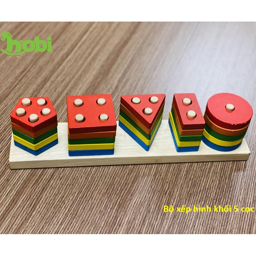 Đồ chơi gỗ montessori 5 cọc hình khối