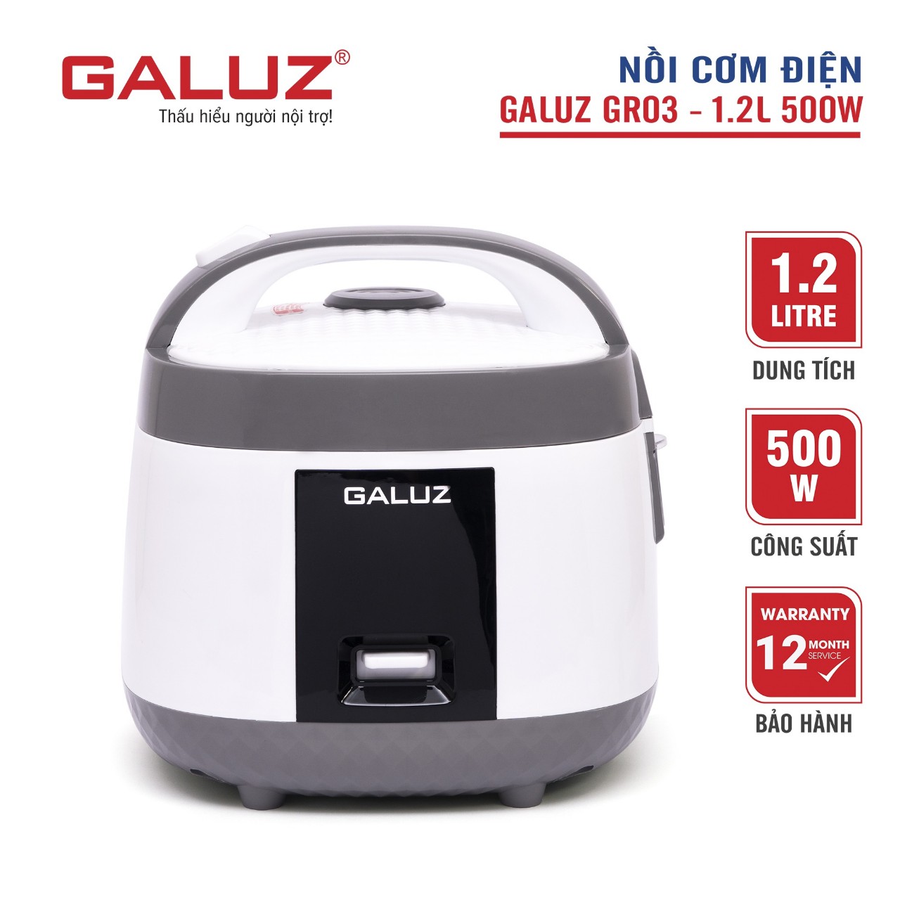 Nồi cơm điện Galuz GR 03, dung tích 1.2L, công suất 500W, nút điều khiển cơ, kiểu dáng sang trọng, quai xách liền, hàng chính hãng