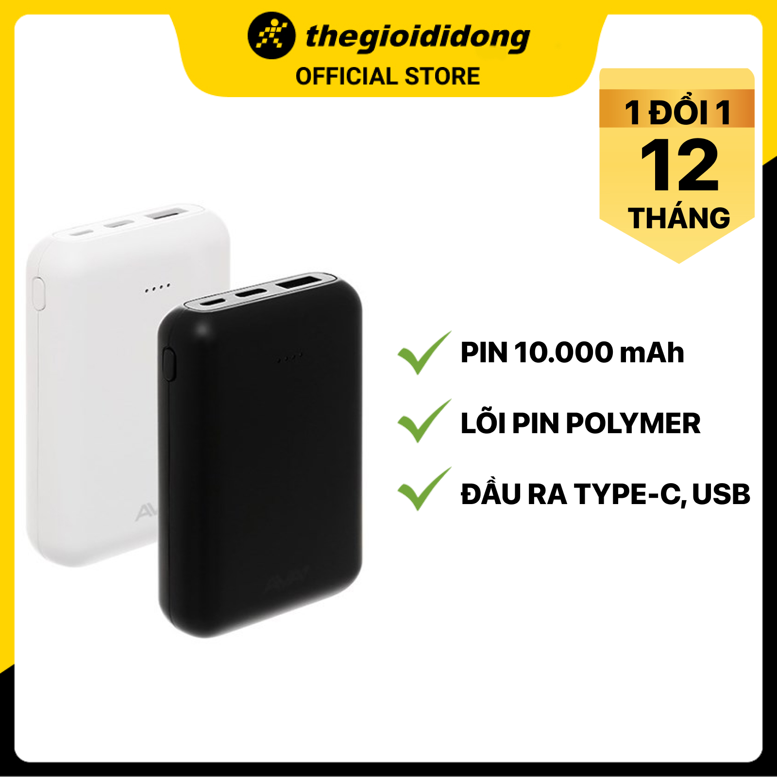 Pin sạc dự phòng Polymer 10000mAh Type C AVA+ DS2107 - Hàng chính hãng - Trắng