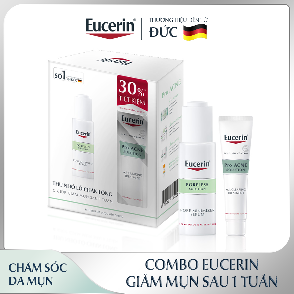 Combo Eucerin Giảm Mụn Sau 1 Tuần (Tinh Chất ProAcne Poreless 30ml &amp; Gel AI Treatment 40ml)