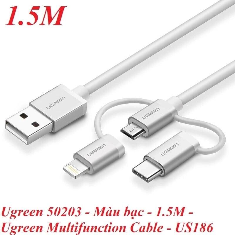 Ugreen UG50203US186TK 1.5M Màu Bạc Cáp sạc đa năng USB sang TypeC + Micro + Lightning - HÀNG CHÍNH HÃNG