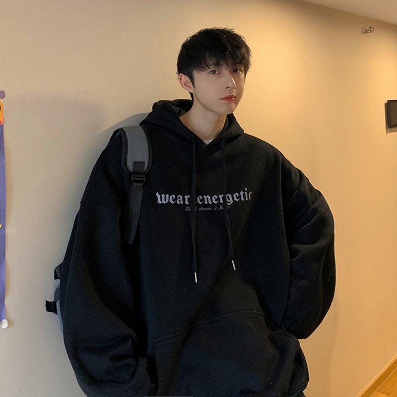 Áo hoodie dài tay lót nhung dáng rộng in chữ phong cách Hàn Quốc thời trang thu đông cho nam