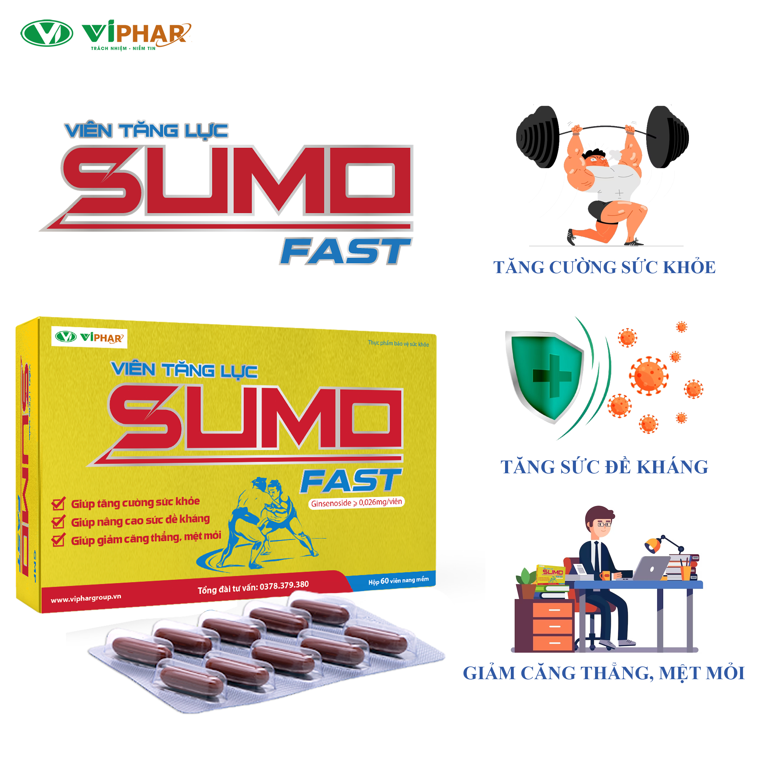Viên Uống Tăng Cường Thể Lực, Tăng Sức Đề Kháng, Giảm Căng Thẳng Mệt Mỏi Sumo Fast VIPHAR Hộp 60 Viên