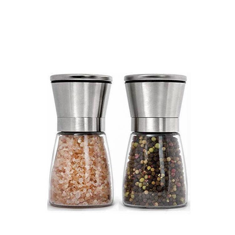 Bộ dụng cụ mài muối và hạt tiêu - 2 bộ bằng thép không gỉ, dễ dàng làm đầy máy mài với độ nhám có thể điều chỉnh, nắp/silicon