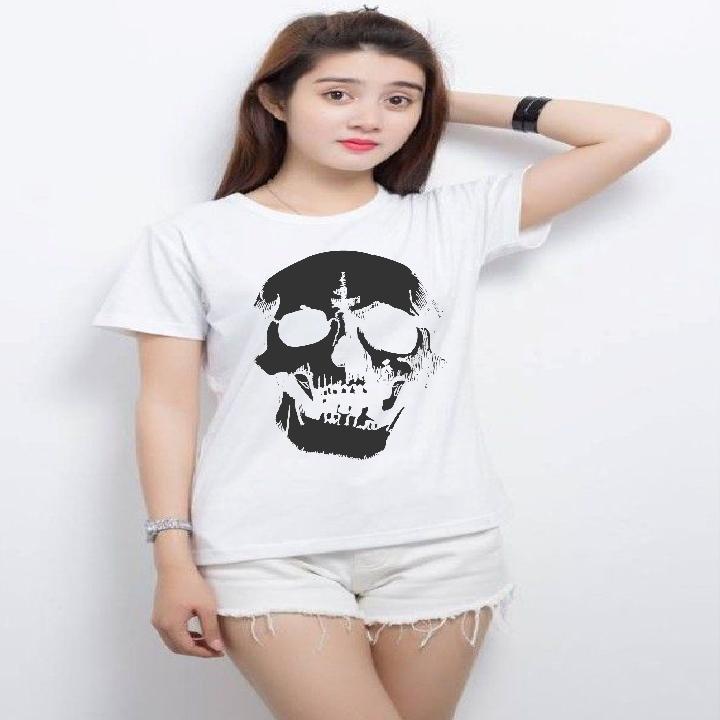 Áo thun nữ in hình đầu lâu skull form rộng vải dày mịn