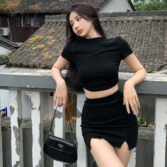 【Cocory】Korean Women Sexy Knit Backless Short-sleeved T-shirt+ High waist Buttocks Slim A word Mini Skirt Individual Sets