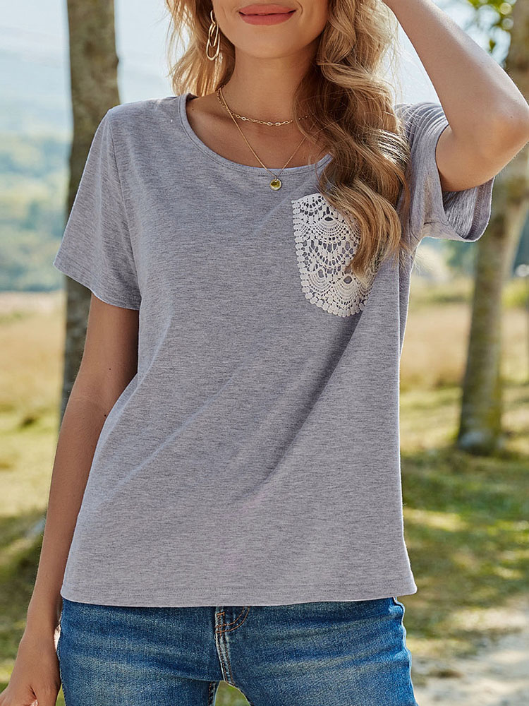 Women Short Sleeve T-Shirt Round Neck Pullover Lace Pocket Solid Color Loose Fit Spring Summer Tops