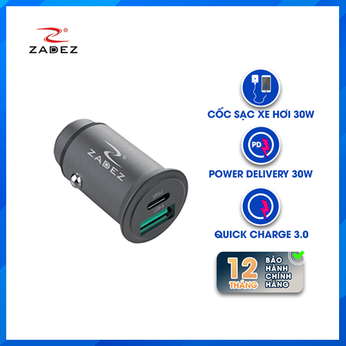 Củ sạc xe hơi nhanh 2 cổng USB QC 3.0 và Type C PD Zadez 30W ZCA-4832 - Hàng Chính Hãng