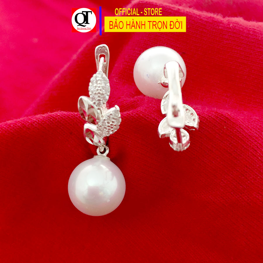 Bông tai bạc nữ ngọc trai dài khóa bật chắc chắn gắn đá trắng cao cấp trang sức Bạc Quang Thản - QTBT147