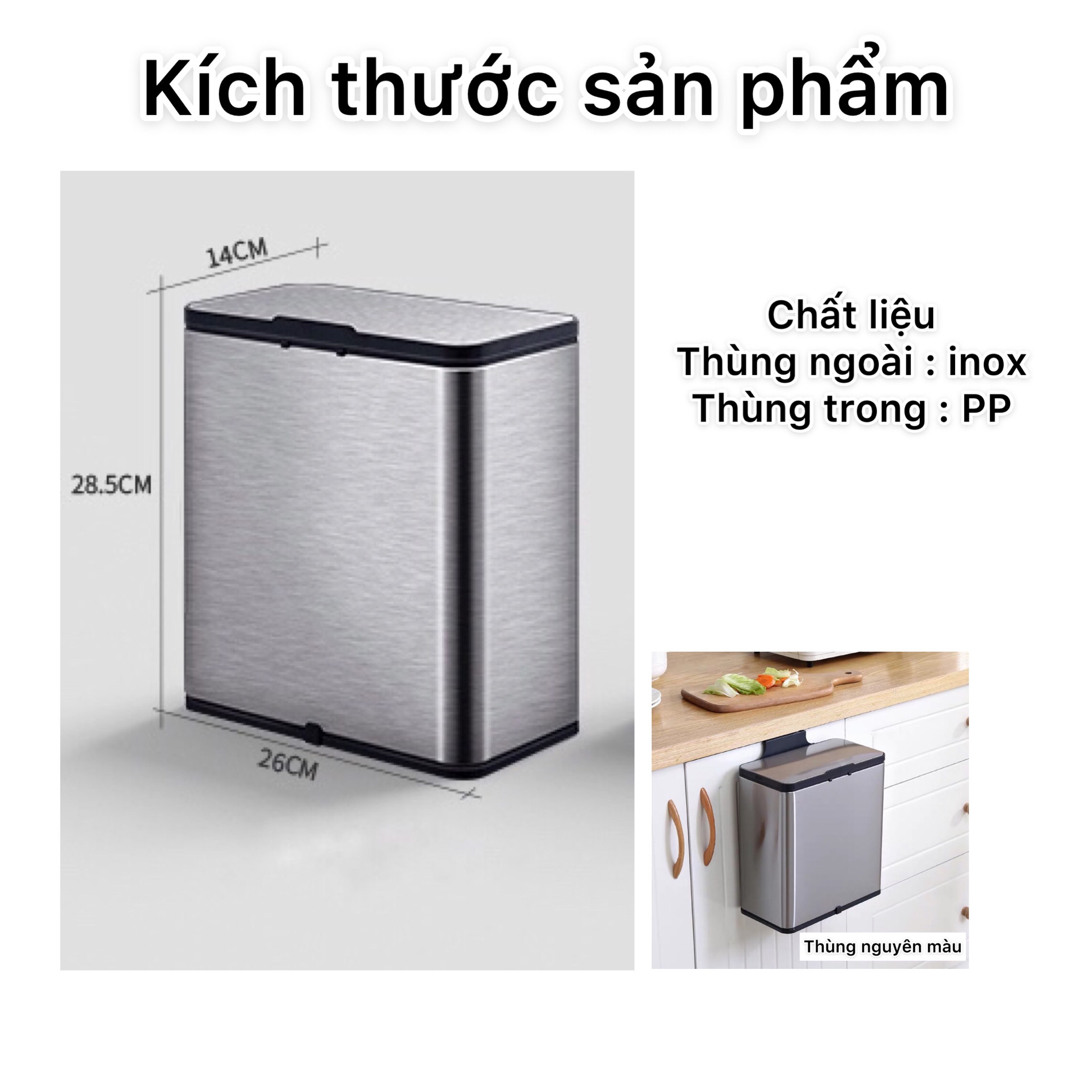 Thùng rác treo tủ nhà bếp, dán tường nhà tắm inox 304 cao cấp