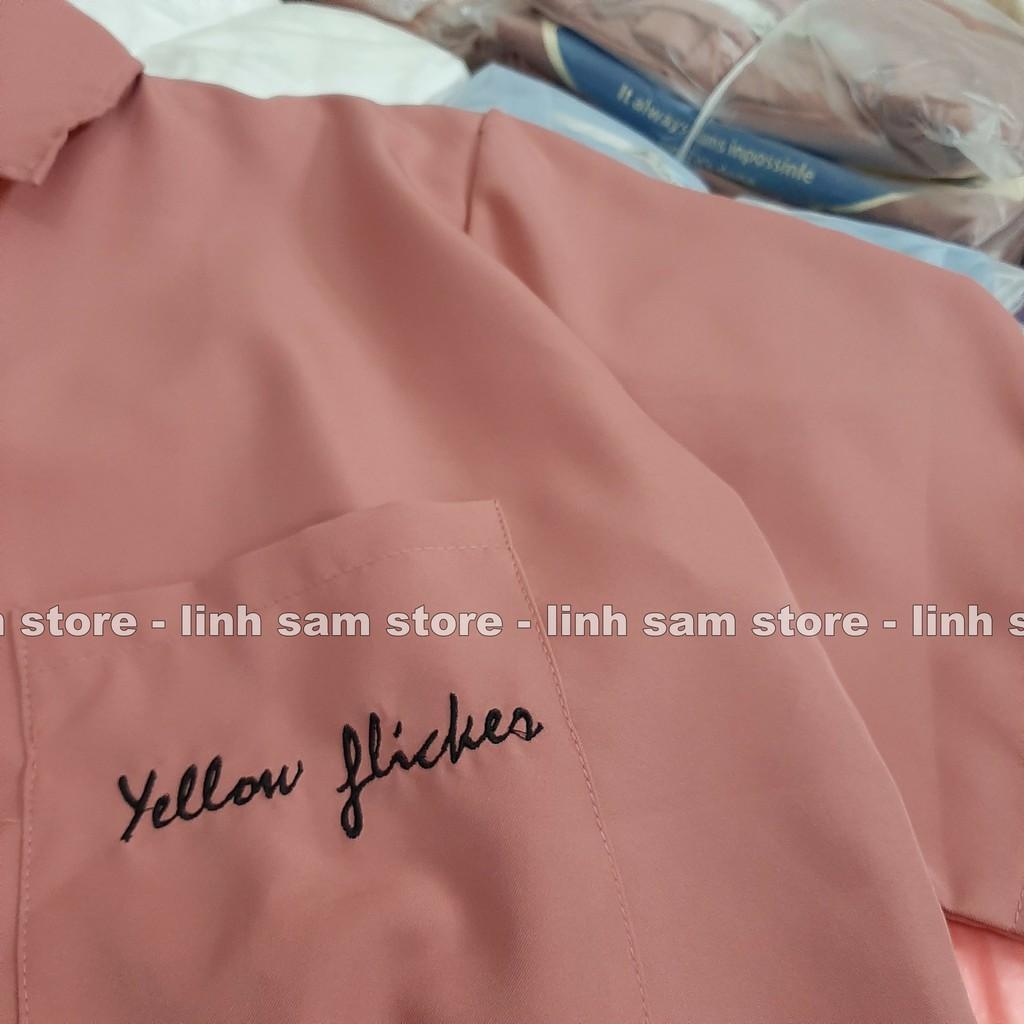 Áo sơ mi nữ cổ bẻ tay ngắn có túi dáng ulzzang freesize form rộng chữ YELLOW FLICKER màu hồng