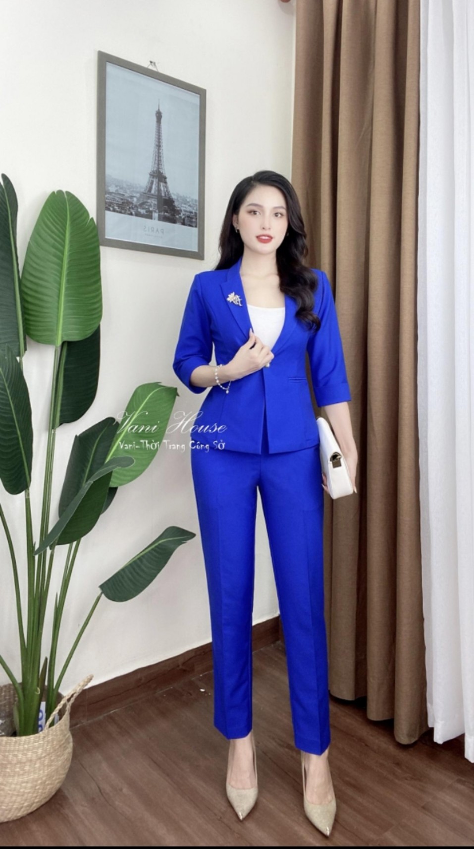 Set nguyên bộ áo Vest tay lỡ quần dài màu xanh dương