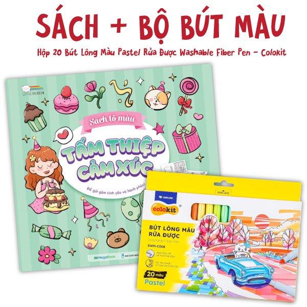 Combo Sách Tô Màu - Tấm Thiệp Cảm Xúc + Hộp 20 Bút Lông Màu Pastel Rửa Được Washable Fiber Pen - Colokit SWM-C008