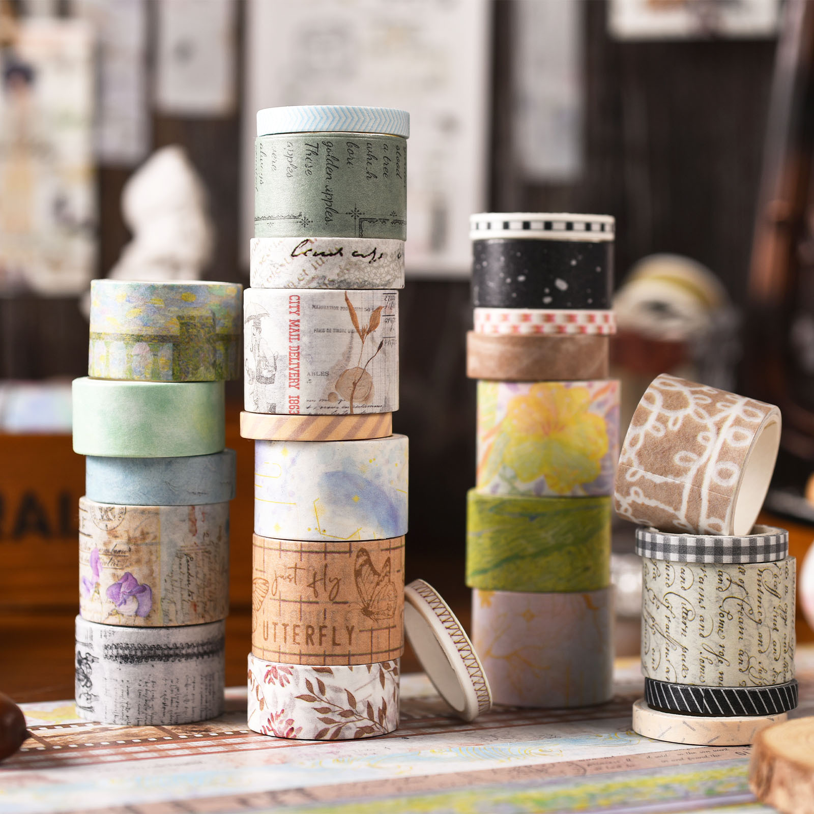 Hộp 20 cuộn washi tape kiểu cổ điển dùng để trang trí vintage journaling