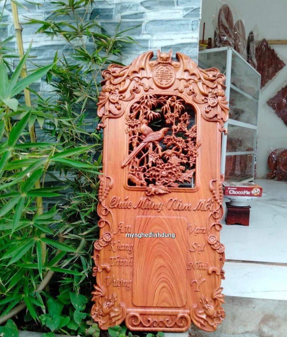Đốc lịch treo tường khắc cặp chim uyên ương gỗ hương đá kt 40×80×3cm