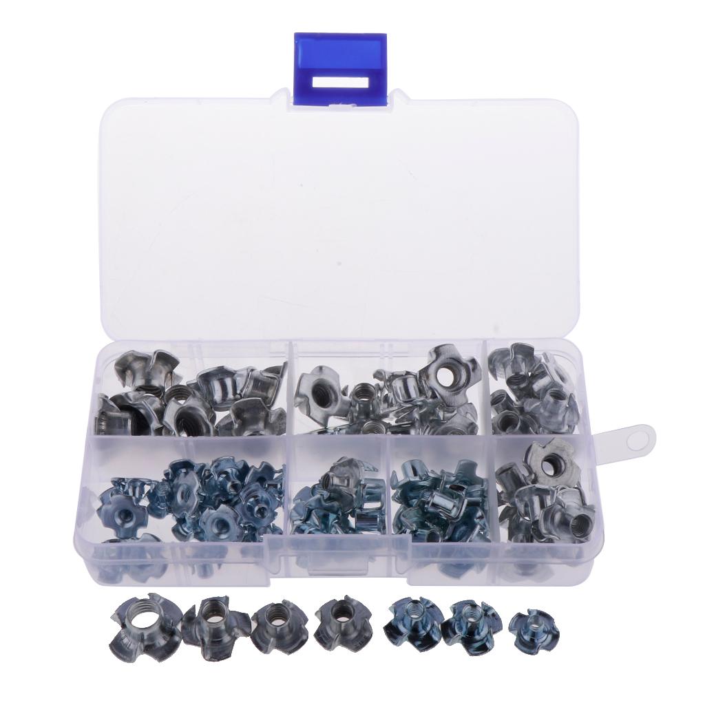 80Pcs M3/M4/M5/M6/M8 Zinc Plated Four Prong Furniture T Nuts Blind Nut Wood