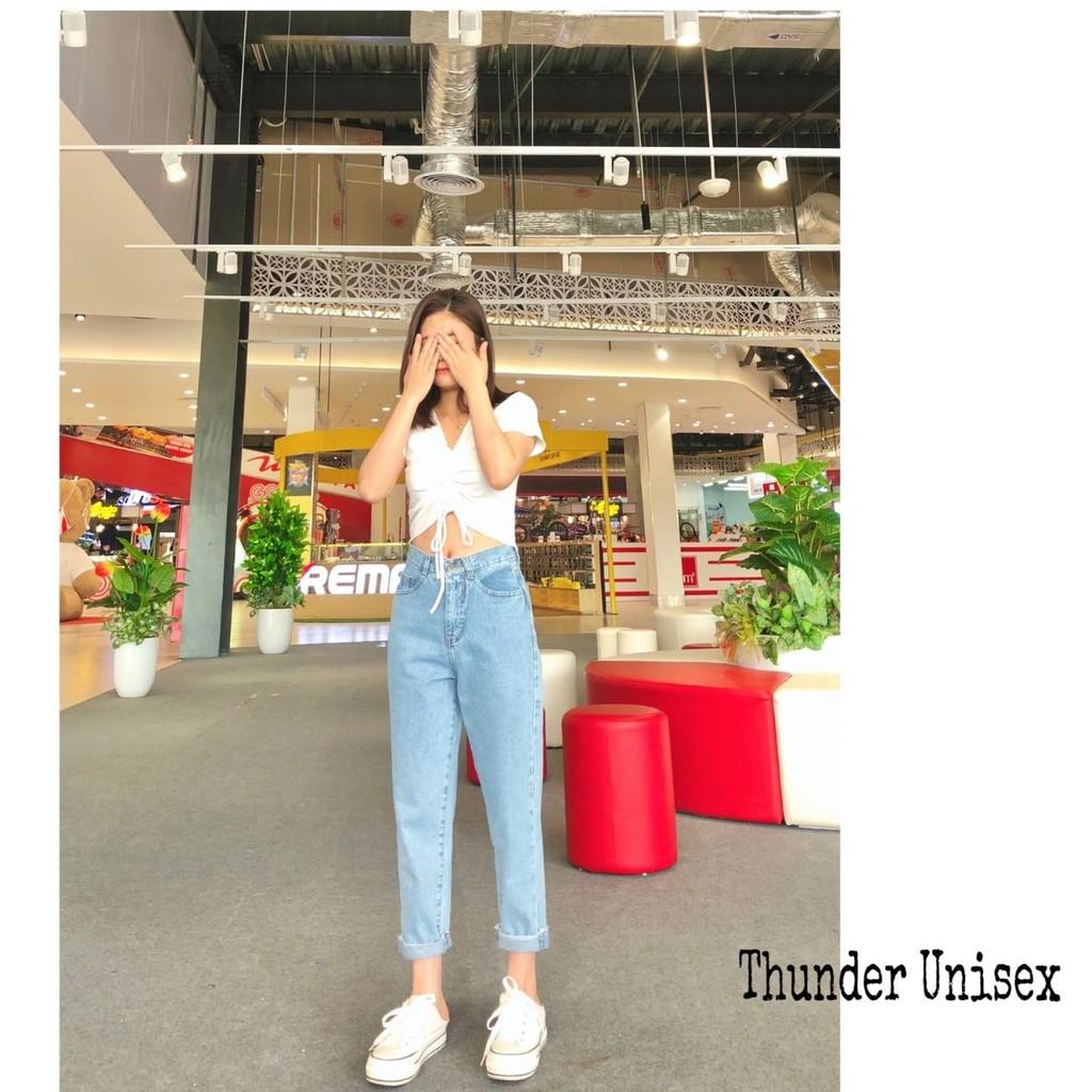 Quần Jean Nữ Dáng Baggy Thunder Unisex Cạp Lưng Cao Trơn, Ống Xuông, Rộng, Ulzzang Hàn Quốc, Co giãn