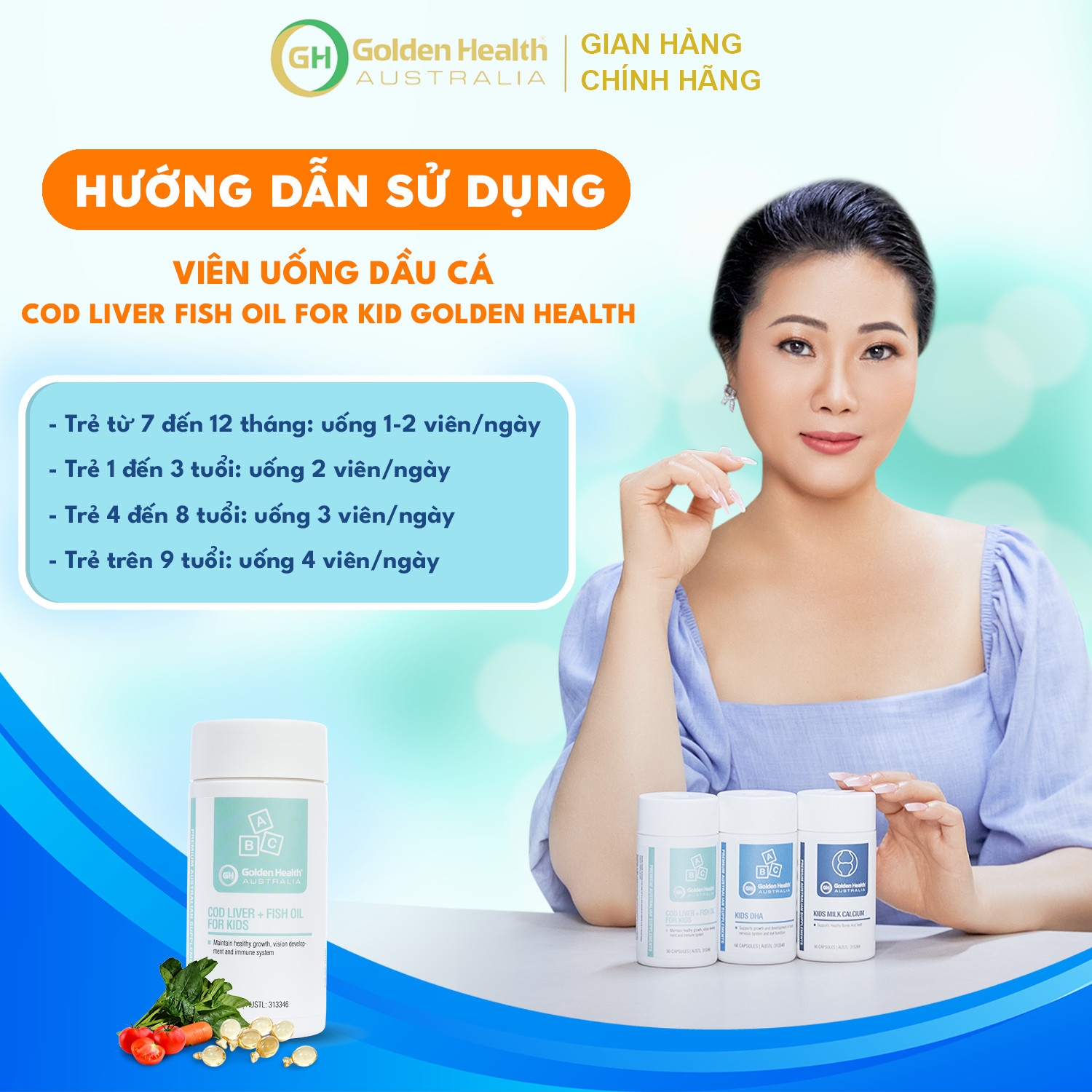 Viên uống dầu cá bổ sung DHA cho trẻ từ 7 tháng tuổi Golden Health Cod Liver Fish Oil For Kids Hộp 90 viên