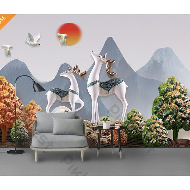 Tranh dán tường 3d trang trí phòng em bé phòng ngủ hiện đại, Nai rừng trên núi và đàn chim MS900203