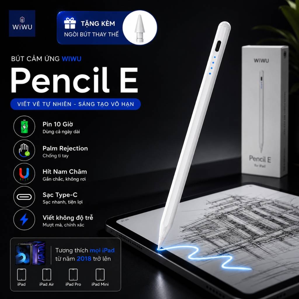 (Tặng ngòi thay thế) Bút cảm ứng thông minh artist hỗ trợ tì tay WIWU Pencil E tương thích iPad Pro Air Mini từ >=2018 - Palm Rejection | Magnetic | Sạc Type-C | Viết Không Độ Trễ - Hàng nhập khẩu
