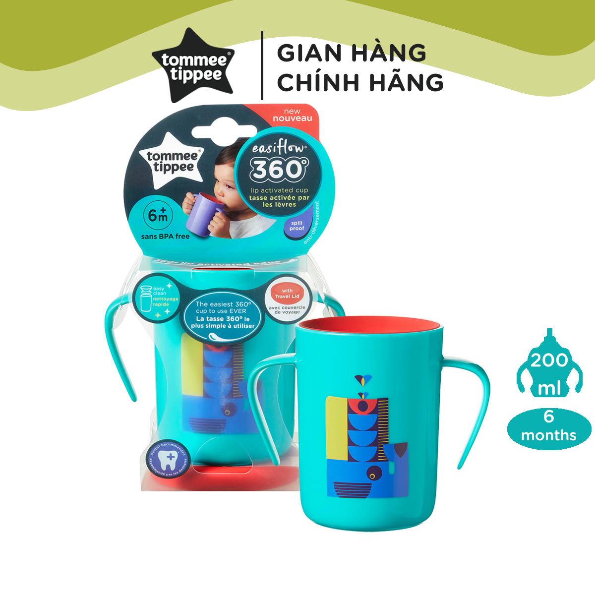Ly tập uống nước chống đổ cho bé Tommee Tippee 360 Deco Trainer 200ml từ 6 tháng - Xanh cổ vịt