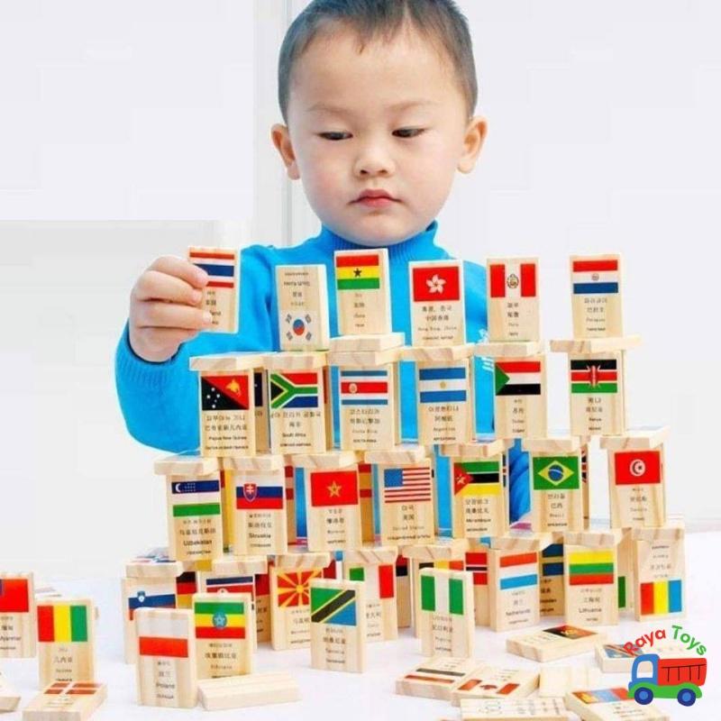 Đồ chơi gỗ 100 quân cờ các quốc gia cho bé xếp hình tập nhận biết quốc kì bằng 4 thứ tiếng, quà tặng sinh nhật