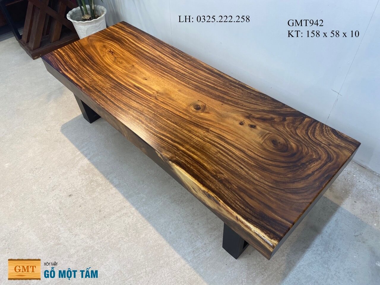 Bàn Gỗ Me Tây Nguyên Tấm, Bàn Sofa Gỗ Me Tây, Bàn Cafe Gỗ Me Tây Dài 1,58m Rộng 58cm Dày 10cm