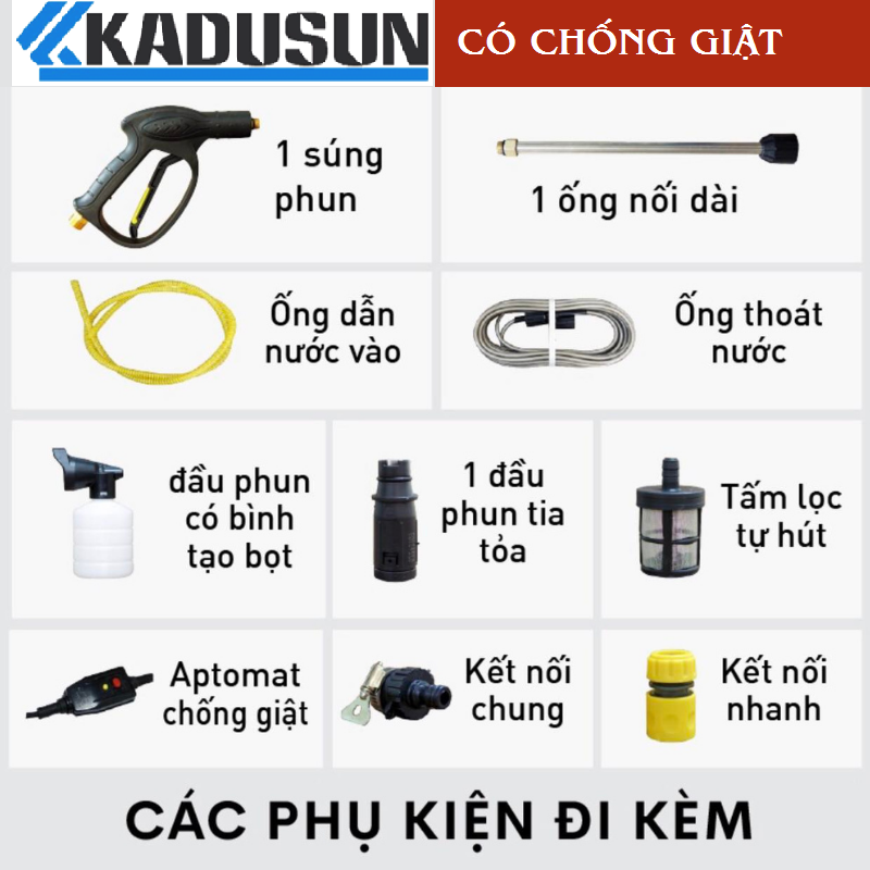 Máy rửa xe KADUSUN | Lõi đồng 100% | Chống giật | Chỉnh áp lực | Chế độ thông minh Auto Stop | Tặng kèm phụ kiện