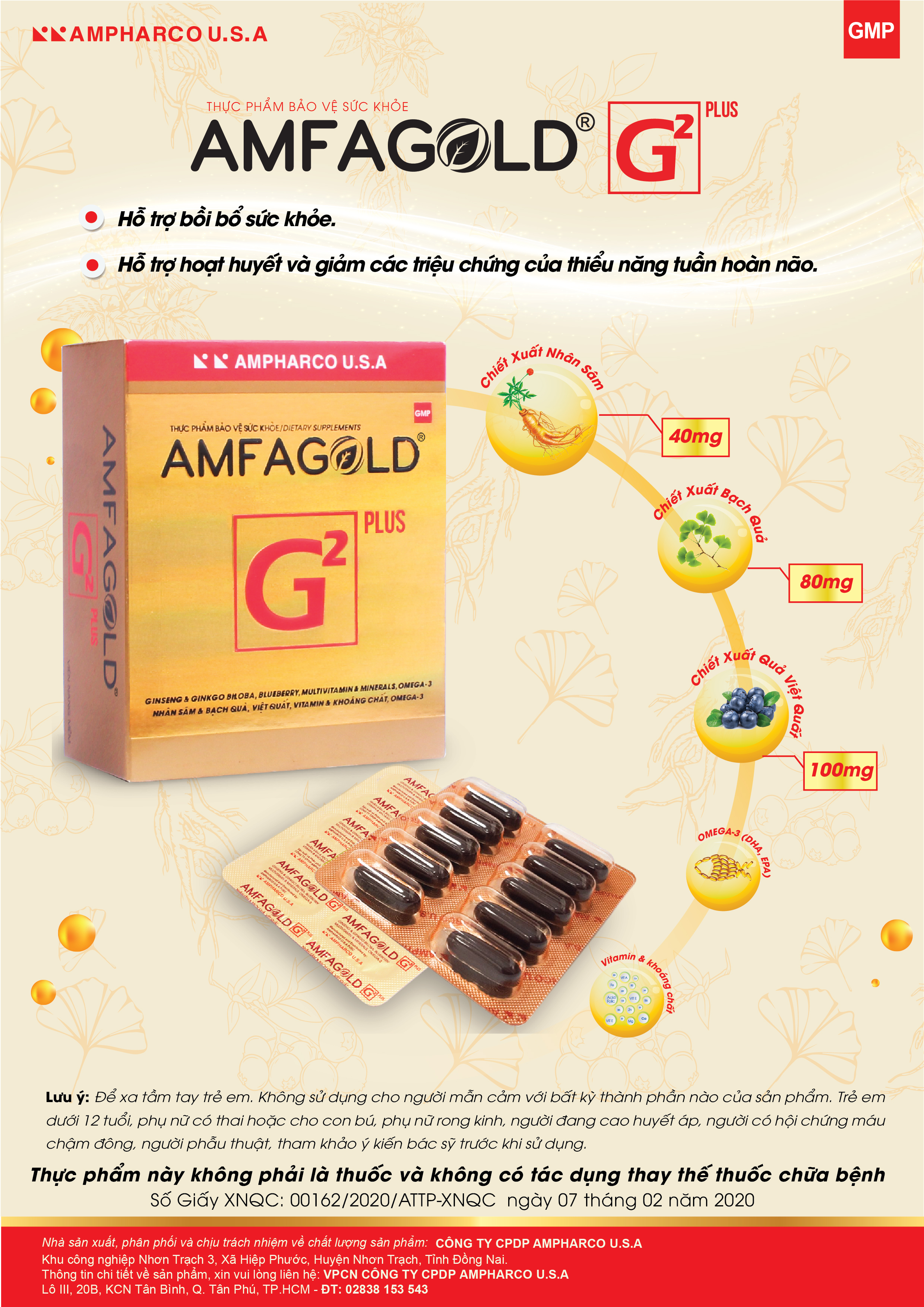 Viên uống Amfagold G2 Plus giúp bồi bổ sức khoẻ, giúp hoạt huyết và hỗ trợ giảm các triệu chứng của thiểu năng tuần hoàn não - Hộp 30 viên