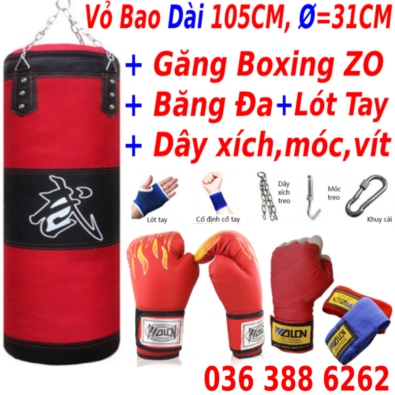 Combo vỏ bao cát  đấm bốc boxing 4 lớp dài 105cm, Ø=35cm + Găng tay đấm bốc boxing hổ vằn + Băng đa cuốn tay - Tặng thêm 7 món bao gồm dây xích + móc treo + vít nở sắt + lót tay chân