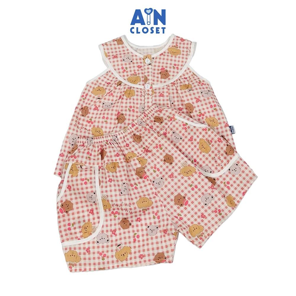 Bộ quần áo Ngắn bé gái họa tiết Caro Gấu Nâu cotton - AICDBG1YOPRW - AIN Closet