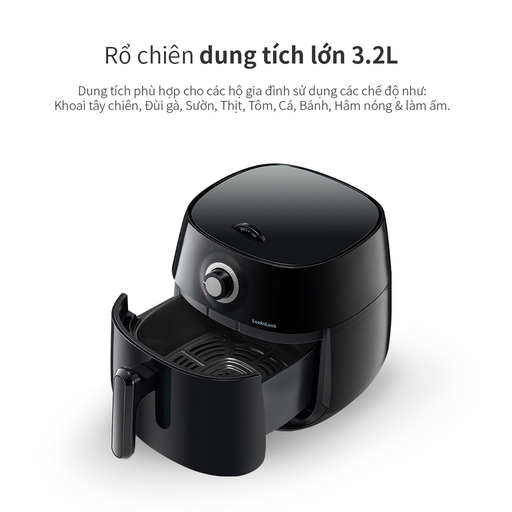 Nồi chiên không dầu Lock&amp;Lock 3,2L EJF173BLK Easy Control air fryer - Hàng chính hãng, lòng nồi tháo rời - JoyMall