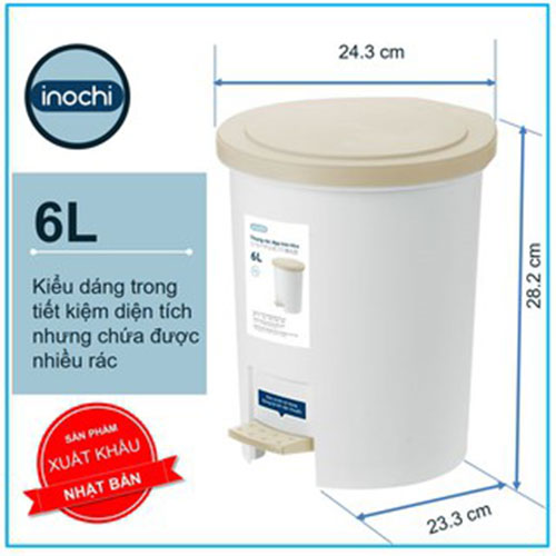 Thùng Rác Nhựa Cao Cấp Đạp Chân Nắp Đậy Tròn 6 Lít cao cấp hàng Inochi Nhật Bản có Nano bạc khử khuẩn không mùi kích thước (243 x 233 x 282 mm) - Giao màu ngẫu nhiên 