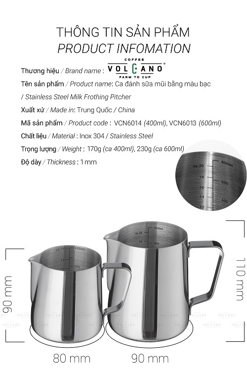 Ca đánh sữa Inox 304 màu bạc