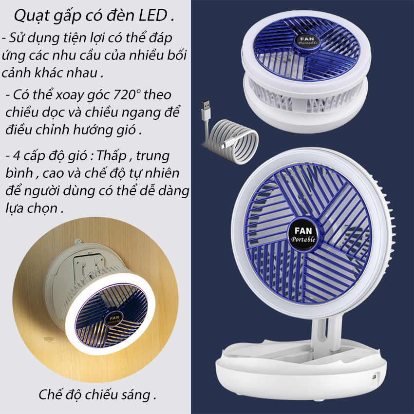 Quạt tích điện mini Đa Năng SeaSy SS83 có đèn Led hỗ trợ Livestream, có thể gấp gọn để bàn hoặc gắn treo tường có 4 mức gió xoay 300 độ - Hàng Chính Hãng