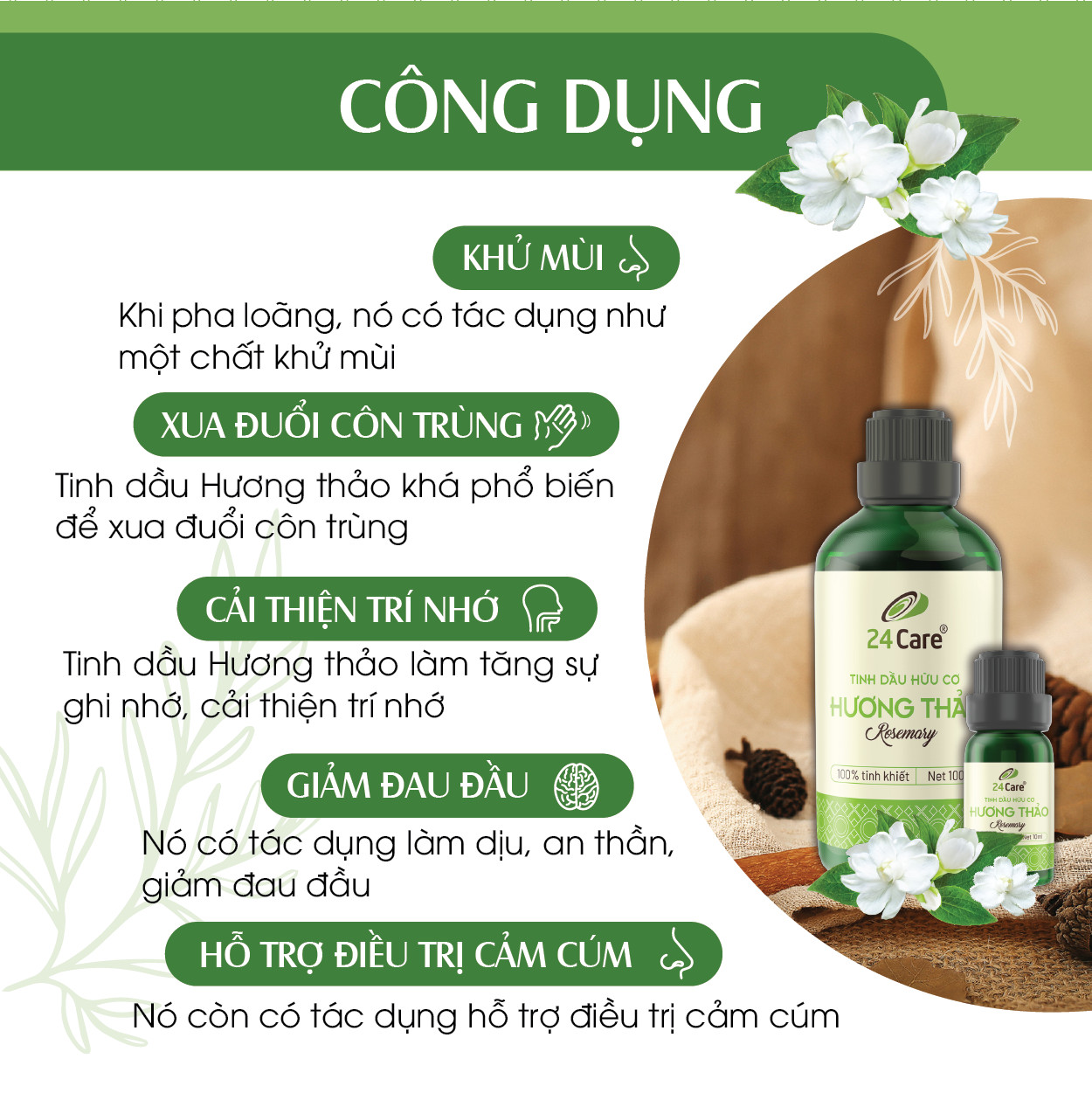 Tinh dầu Hương Thảo 24Care 10ML - Chiết xuất thiên nhiên, xông phòng, thanh lọc không khí, hương thơm thư giãn, giảm căng thẳng.