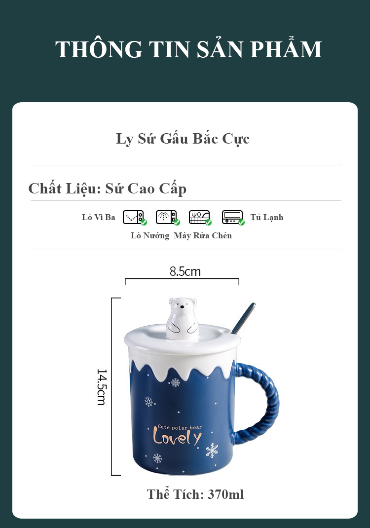 Ly Sứ Gấu Bắc Cực Cao Cấp Nắp Dễ Thương 370ml